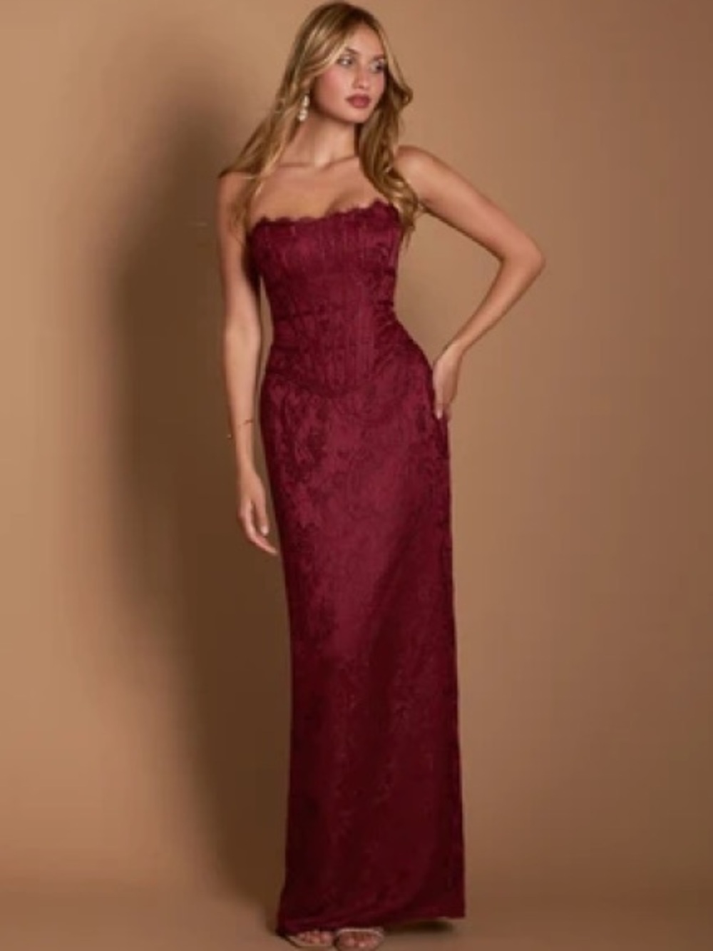 Strapless Lace Evening Gown in Burgundy
